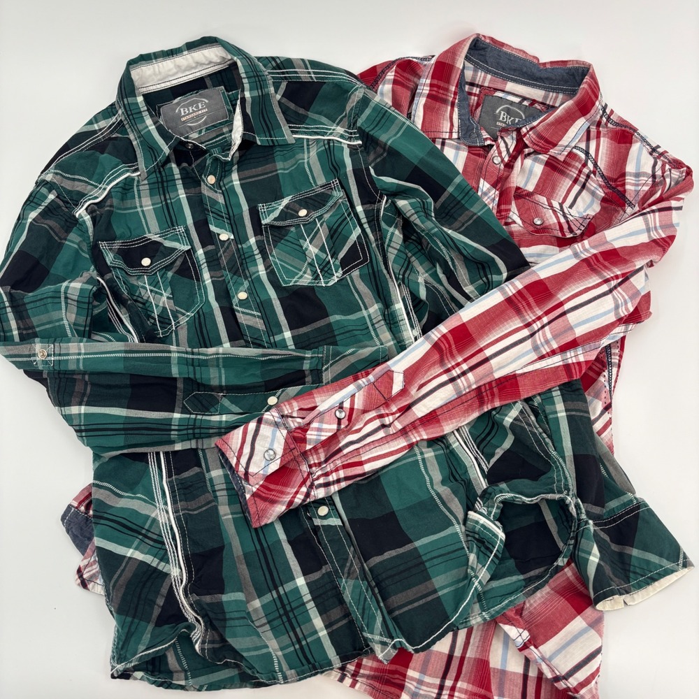BKE Plaid Button Down Shirt Lot Mens Large Green Red Western Pearl Snap 2pc